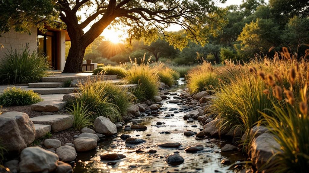 A naturalistic dry creek bed and limestone swale handling stormwater in a Texas yard