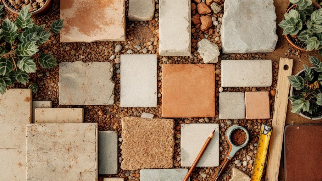 Hand-cut limestone, flagstone, and pavers laid out as material samples