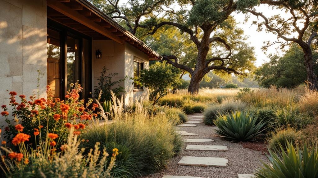 An Austin front yard with no grass, native groundcover and decomposed granite paths