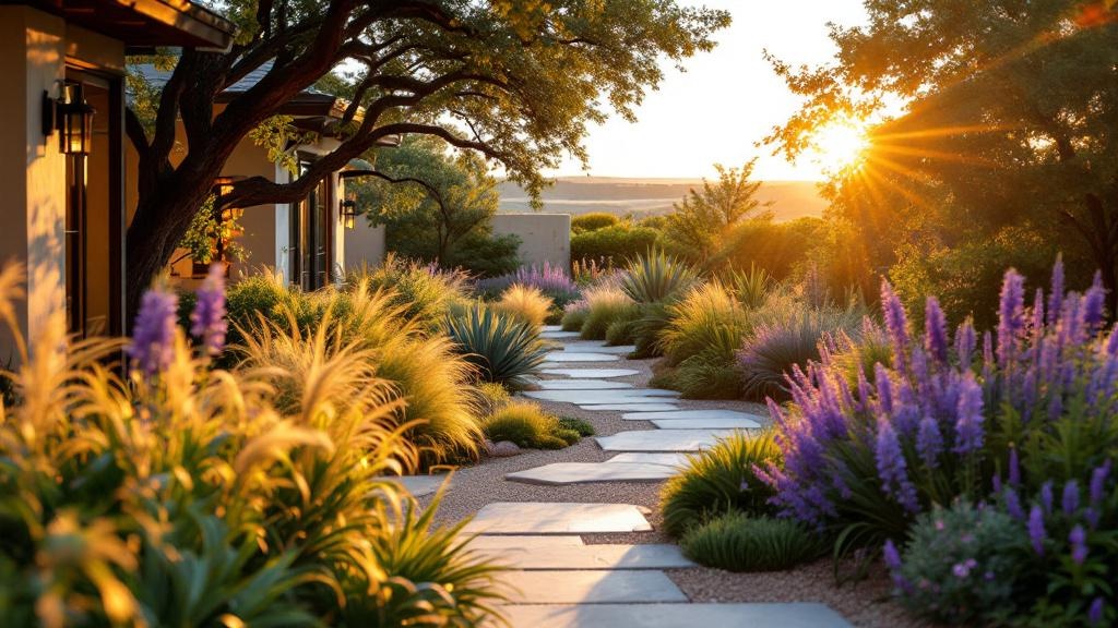 A native Texas plant tapestry at golden hour