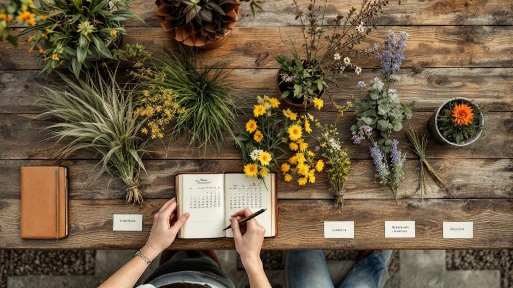 Native Texas plants laid out as a seasonal field guide on a wooden table