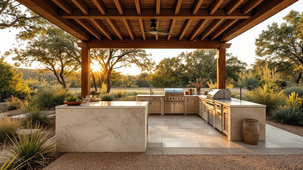 Outdoor kitchen with shaded counter, cedar pergola, and native plantings in summer heat