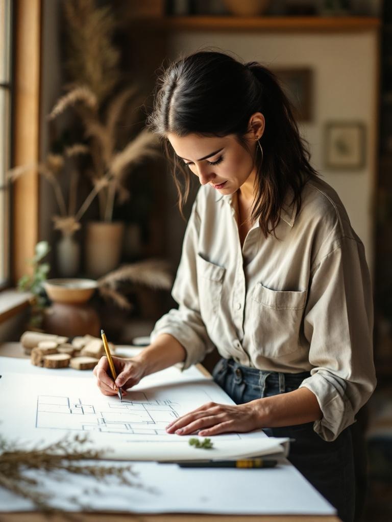 Mara Whitfield sketching at her drafting board