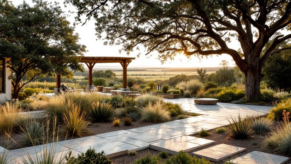 Hill Country backyard at golden hour — limestone patio, native grasses, and live oak canopy