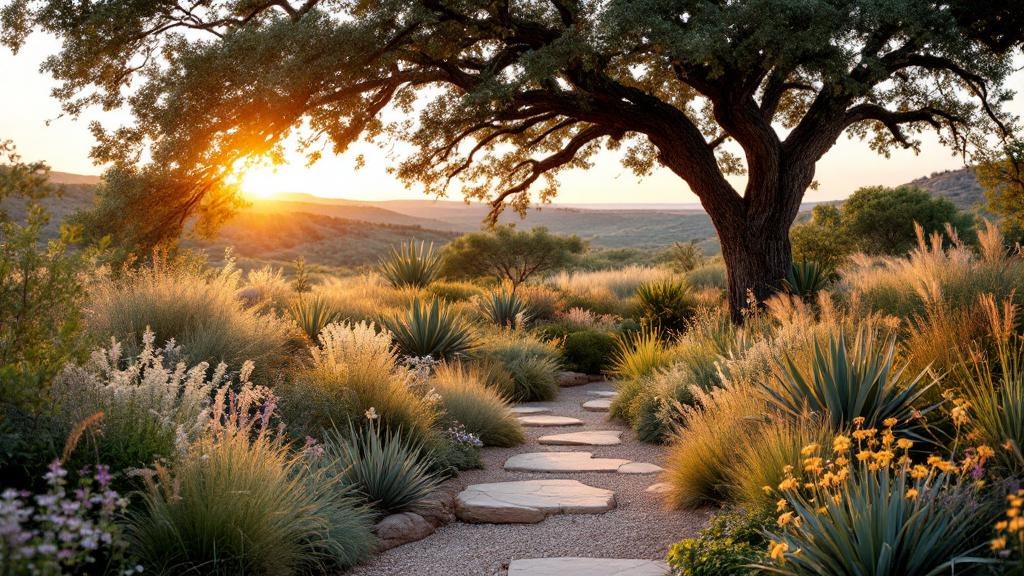 Native Texas garden at golden hour with Mexican feather grass, Texas sage, and agave