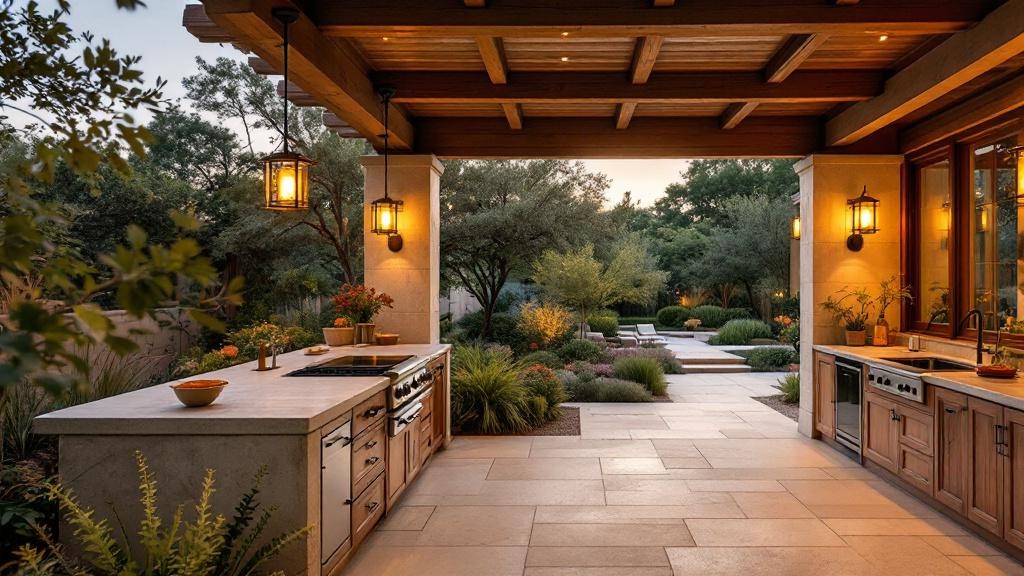 Outdoor kitchen at dusk with limestone counter, built-in grill, and cedar pergola