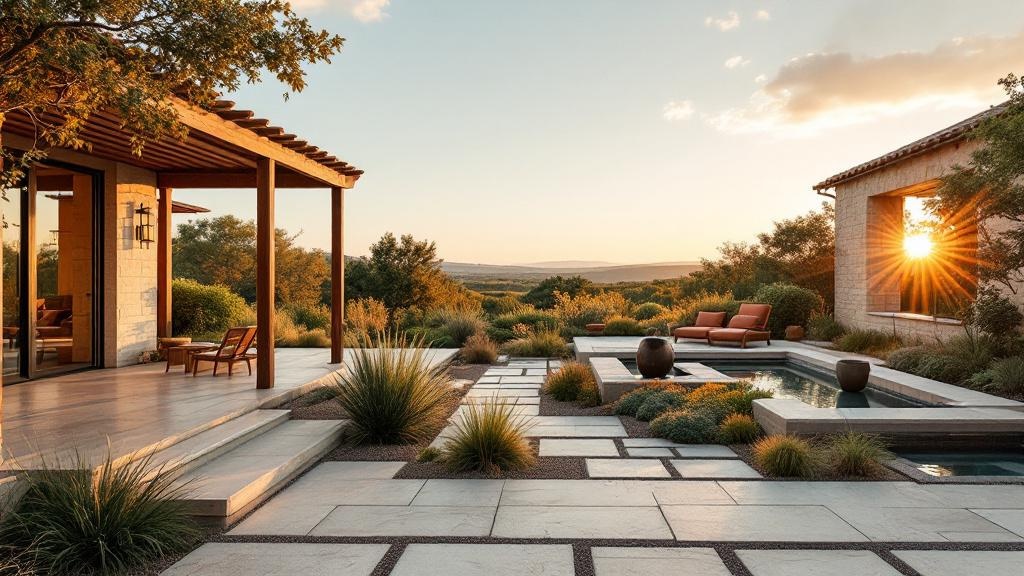A finished Hill Country landscape project at golden hour - wide view