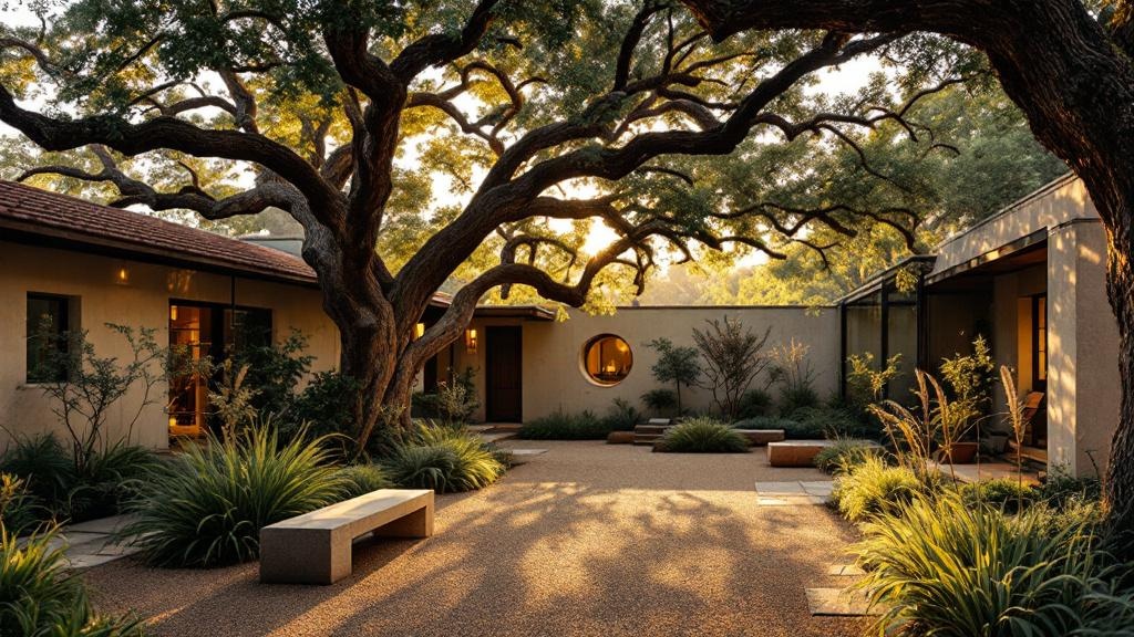An oak-shaded courtyard in Tarrytown with decomposed granite and native understory