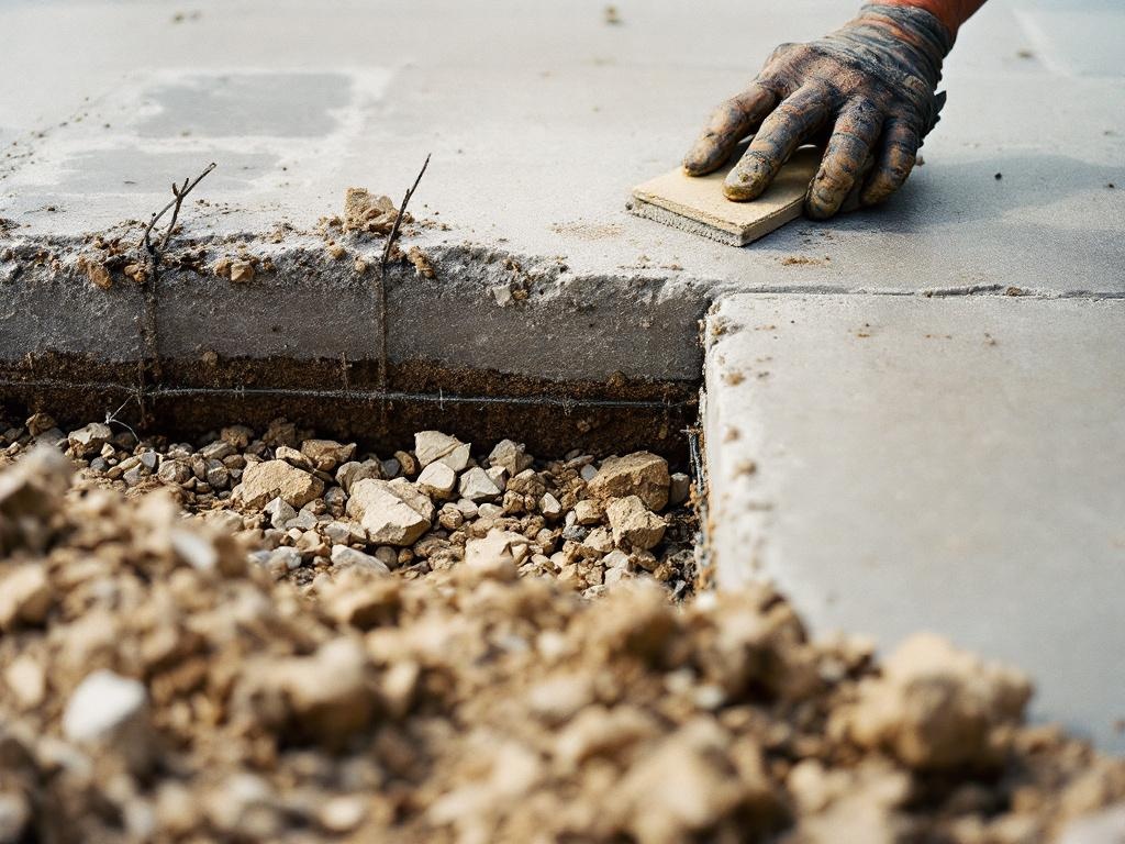 Hardscape construction detail showing base, edge restraint, and freshly laid stone