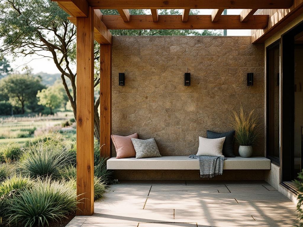 Corner of an outdoor room with cedar pergola post and limestone bench