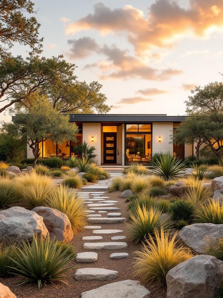 Mueller modern xeriscape front yard with agaves and native grasses