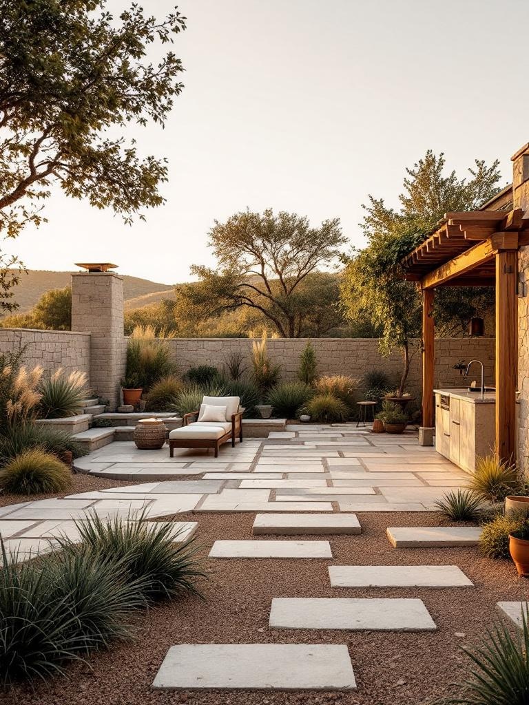 Westlake Hill Country limestone terrace with cedar pergola
